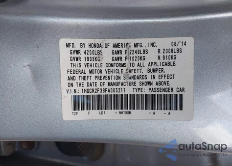 2015 Honda Accord Lx из США, поврежденный, VIN 1HGCR2F39FA005217